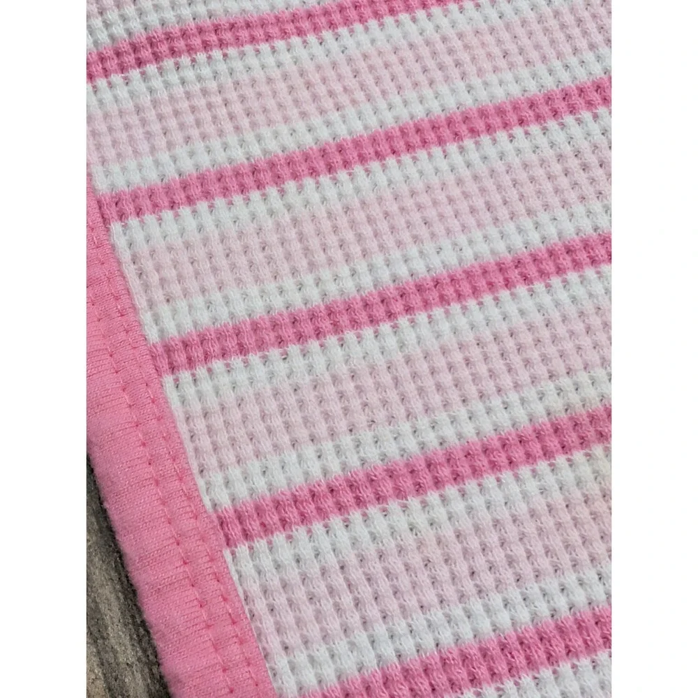 Vintage Waffle Weave Thermal Cotton Blanket Pink Stripe Girl READ